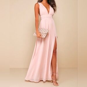 Lulus Heavenly Hues Sleeveless Plunge-Neck Creamy Blush Maxi Dress, Size Medium